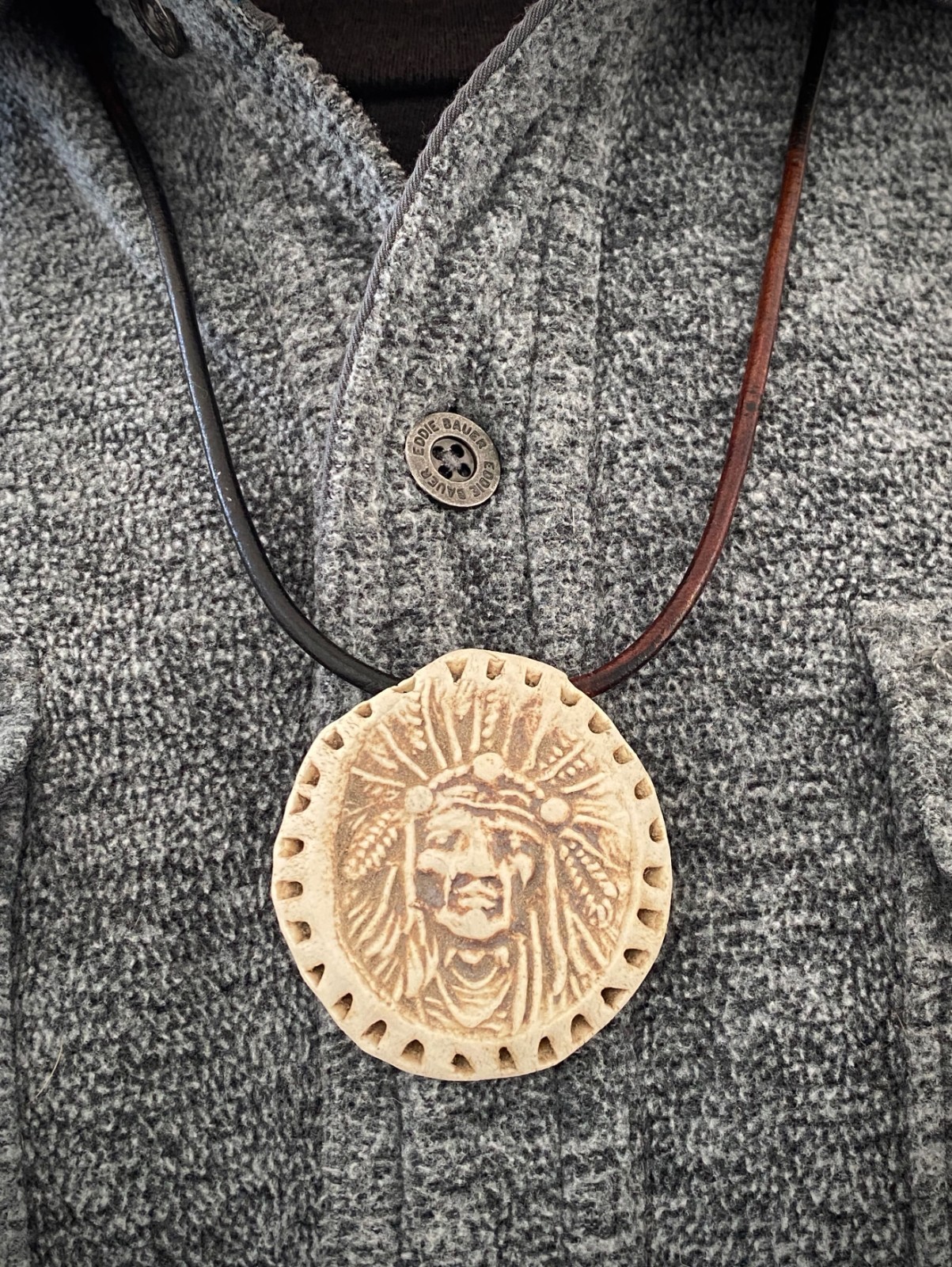 ARTISAN Ceramic Pottery Native American Indian Chief Pendant NECKLACE Warrior 2″