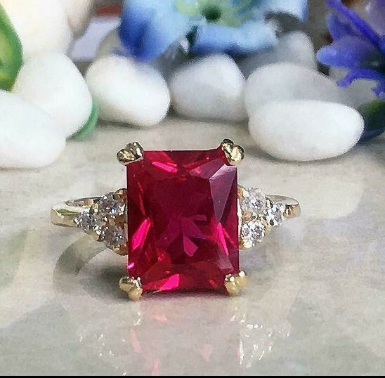 Women’s Pink Simulated Ruby Ring 3.58 ct Large Emerald Prong Gold Plated Silver