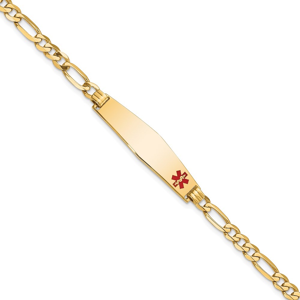 14K Yellow Gold Solid Chain 33x8mm Red Enamel Flat Figaro Link Bracelet 8″