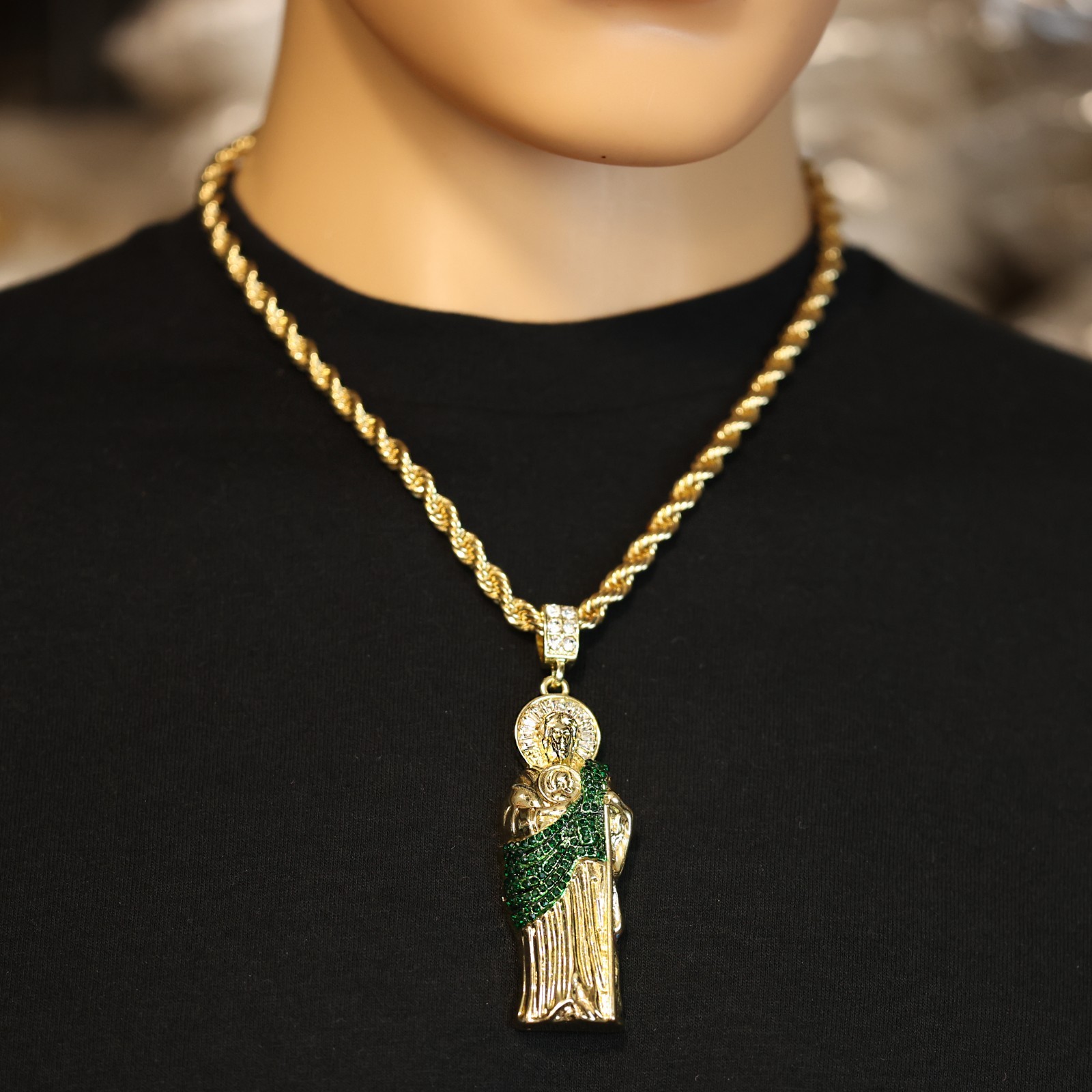 14K Gold Plated San Judas Pendant Necklace with Iced Out CZ, Rope Chain Large GR