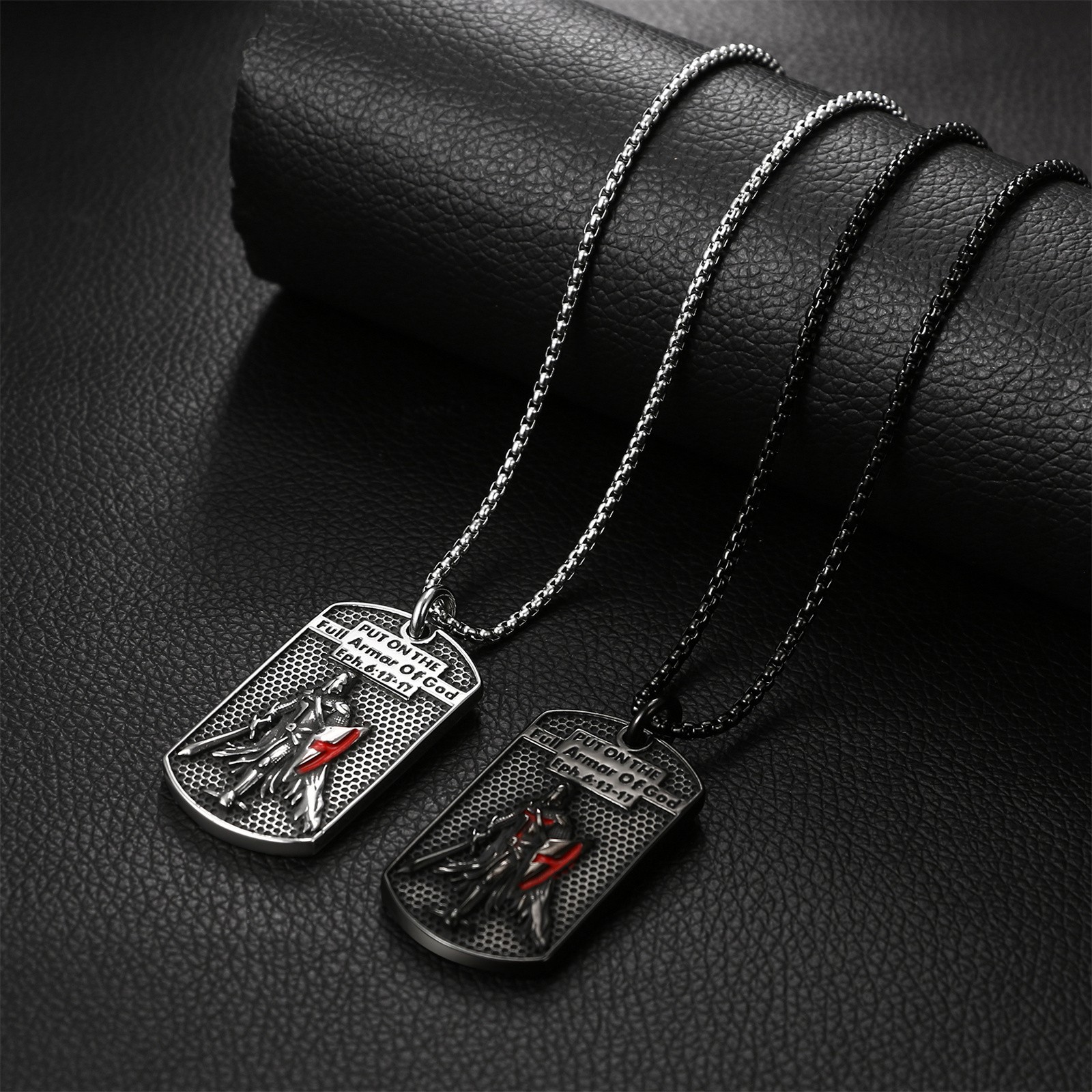 Men’s Knight Templar Armor of God Necklace Ephesians 6:13-17 Red Cross Pendant