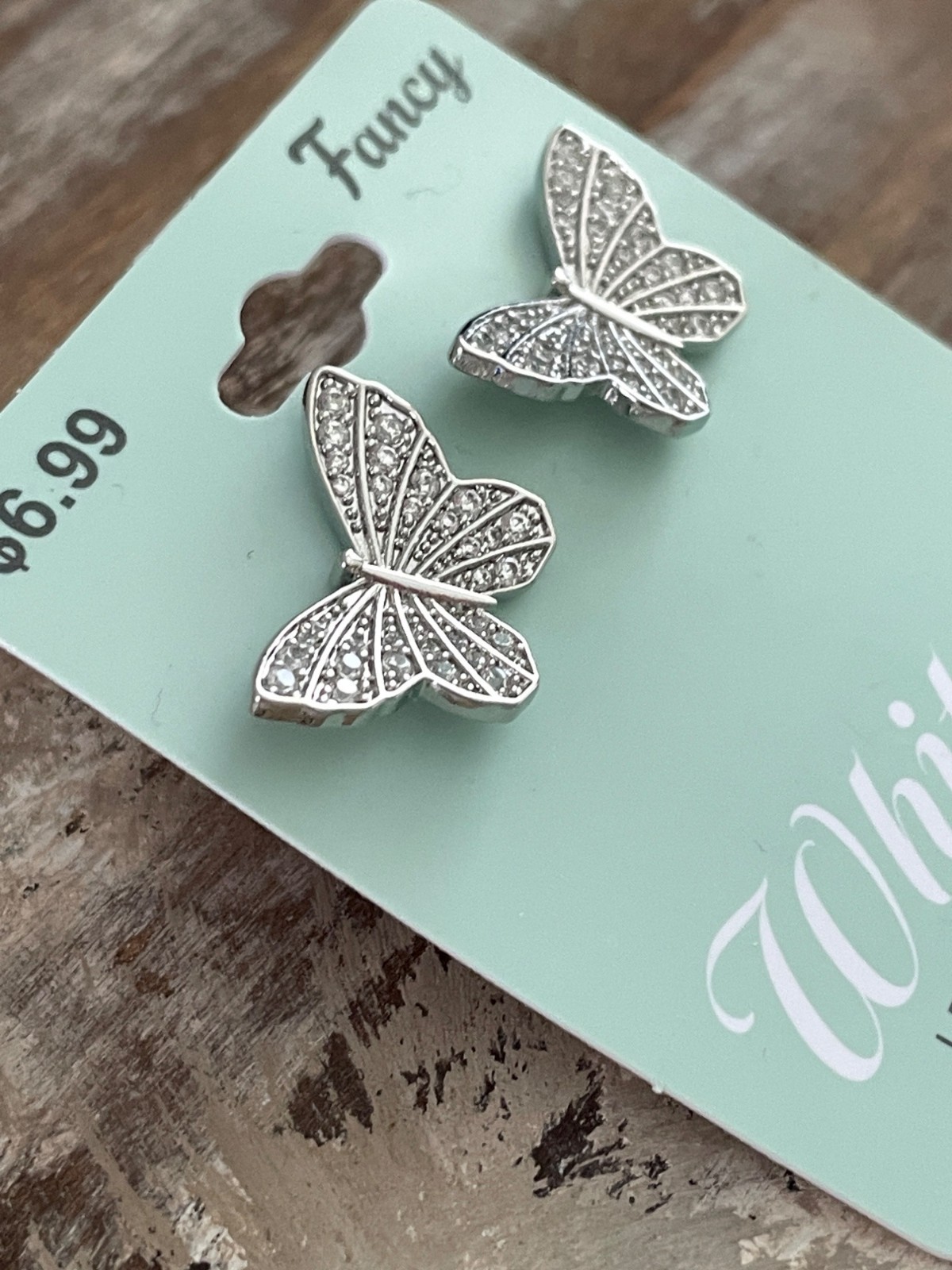 Fancy Whitney Butterfly Earrings Silvertone Clear Stones Lead and Nickel Free