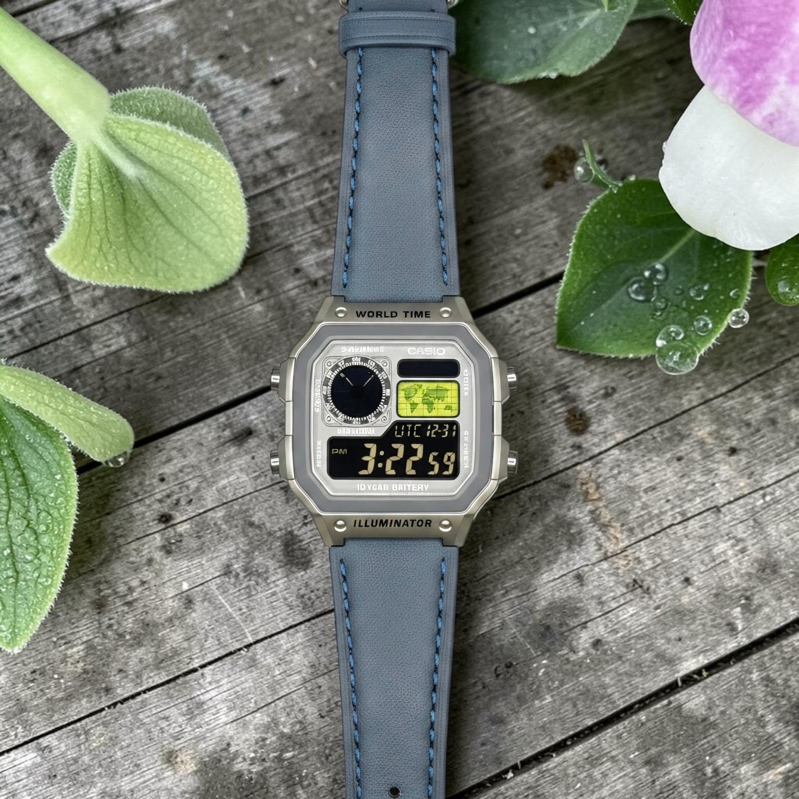 Silver CASIO AE-1200WHD. Royale Watch Mod. Negative Display. Green World Map