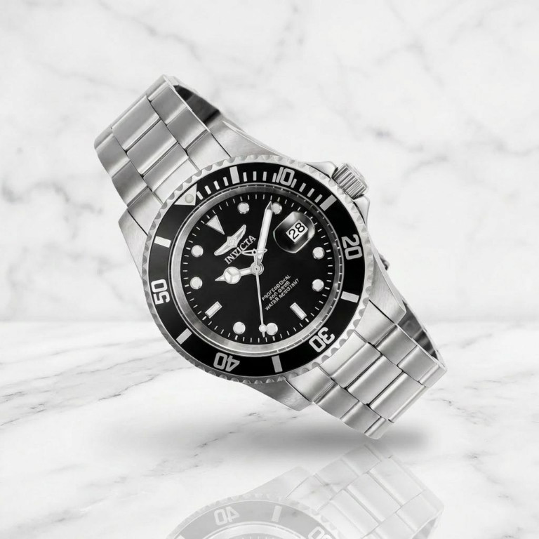 Invicta Men’s Watch Pro Diver Quartz Black Dial Bezel Dive Silver Bracelet Date