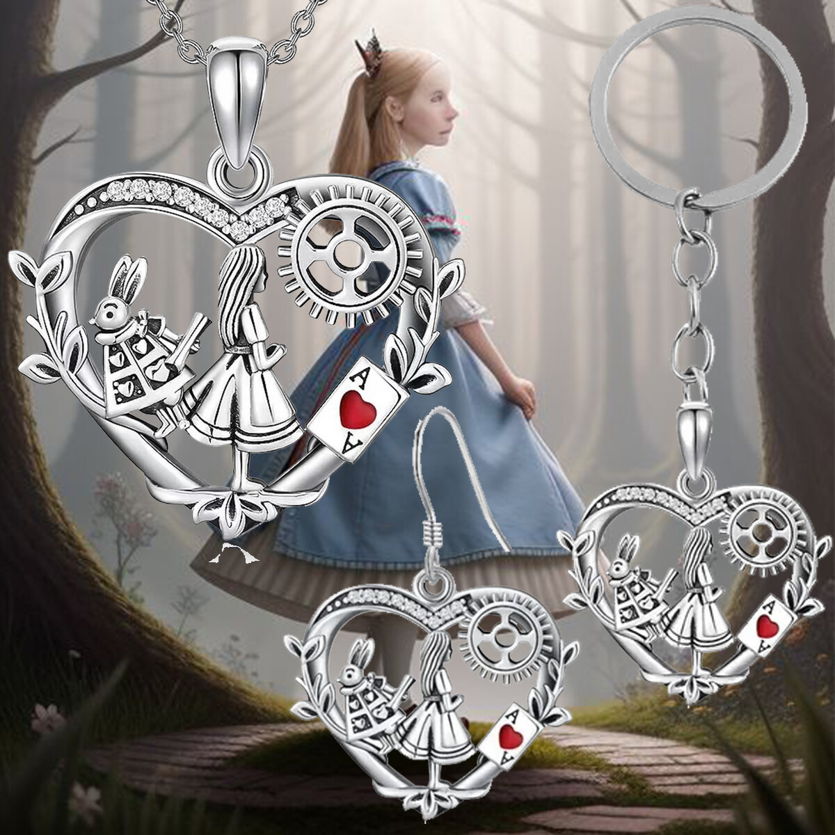 Alice In Wonderland Jewelry Silvery Heart Pendant Necklace Earrings Keaychain