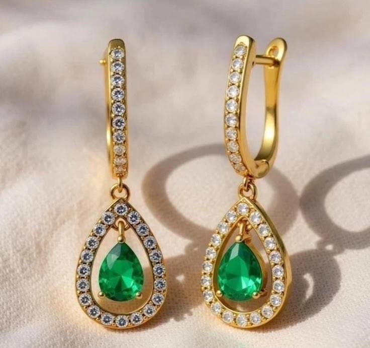 14k Solid Yellow Gold Natural Emerald Earrings Drop Dangle Emerald Earring
