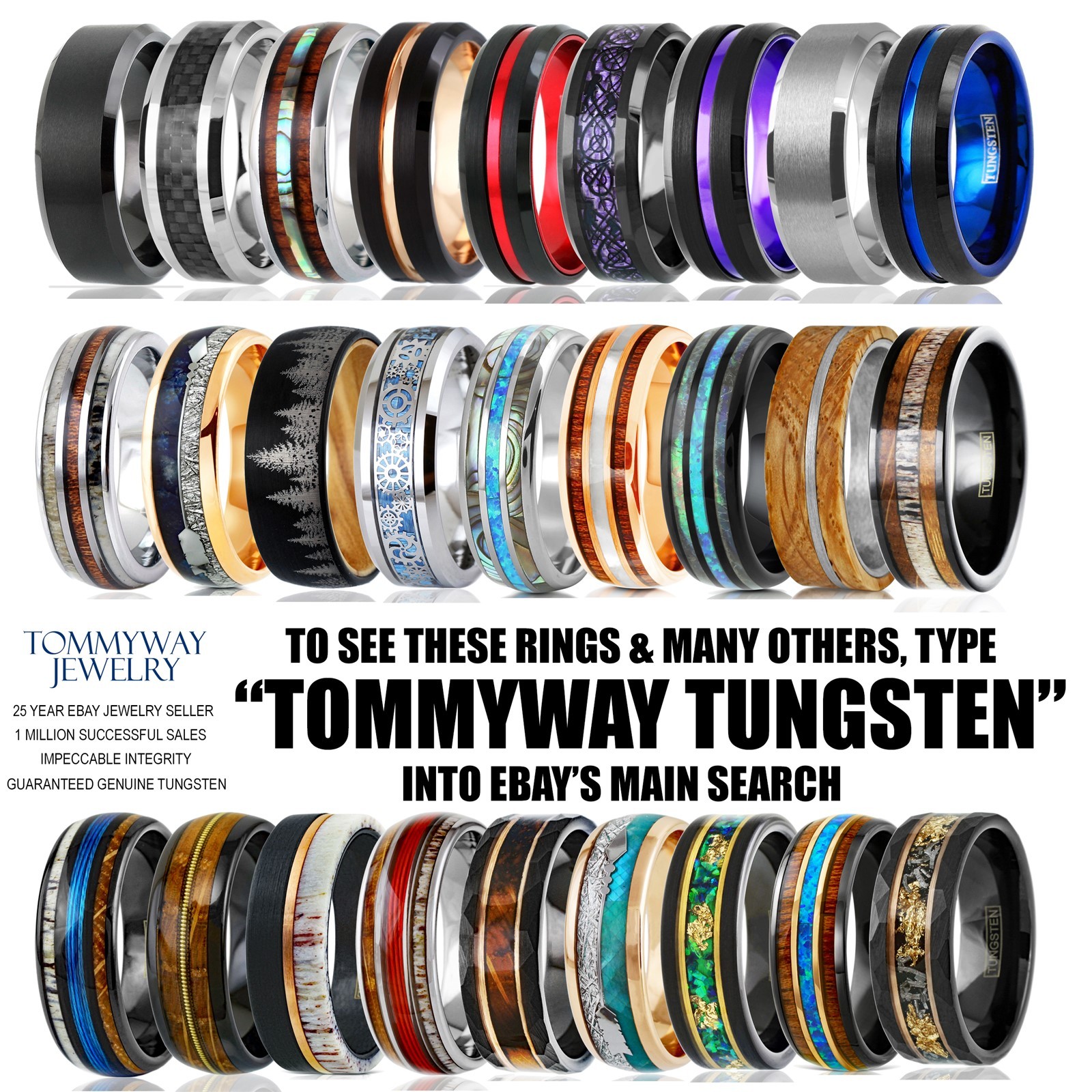 8mm Black Tungsten Yellow Enamel w/ Blue Fishing Line & Hook Wedding Band Ring
