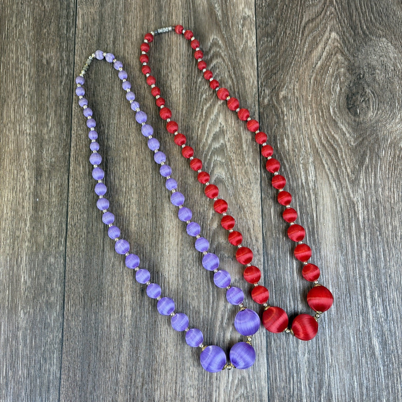 Set of 2 Silk Satin Thread Covered Round Beaded 25” Retro Necklace Red Lavender