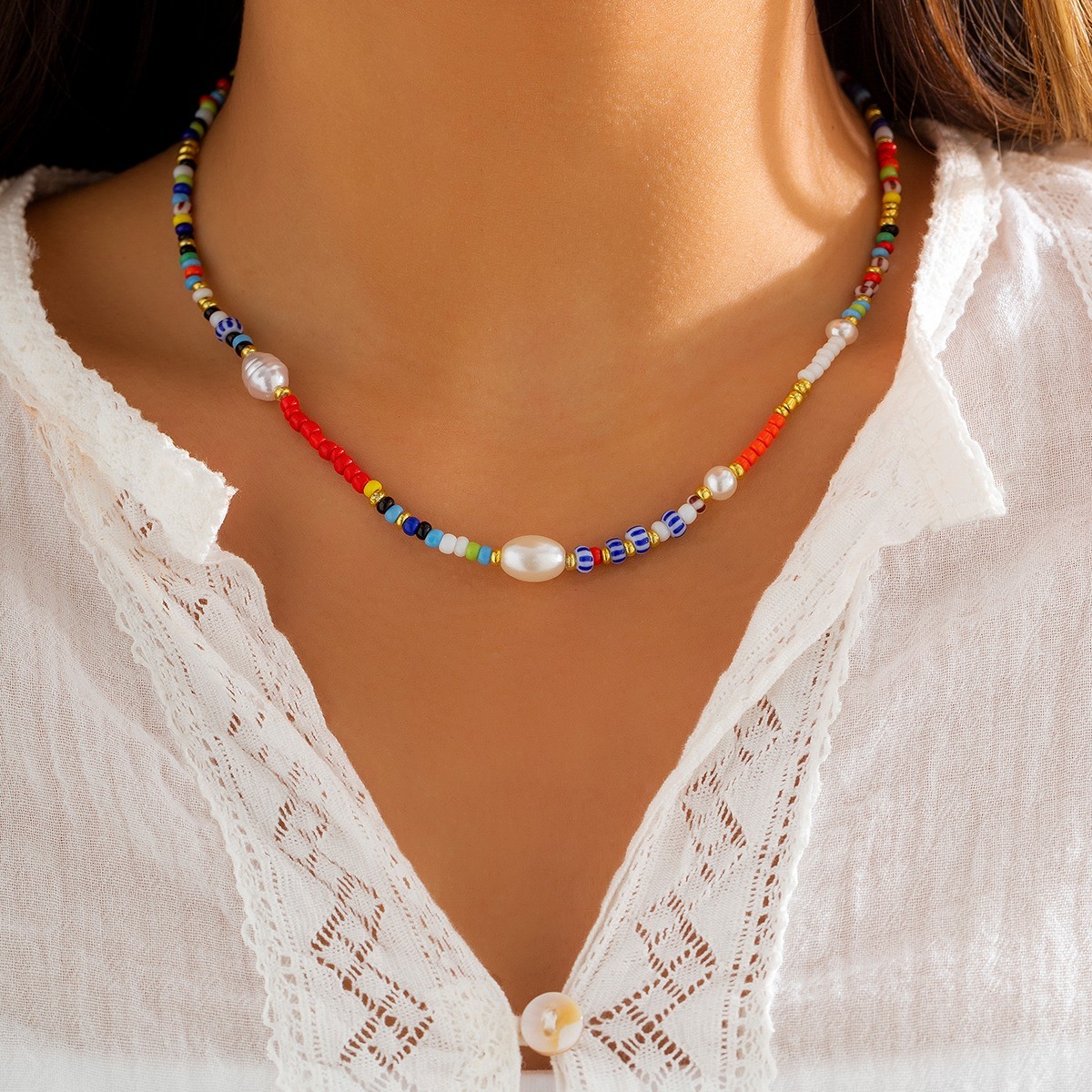 Korean Colorful Seed Bead Choker Necklace Women Simulated Pearl Boho Jewelry