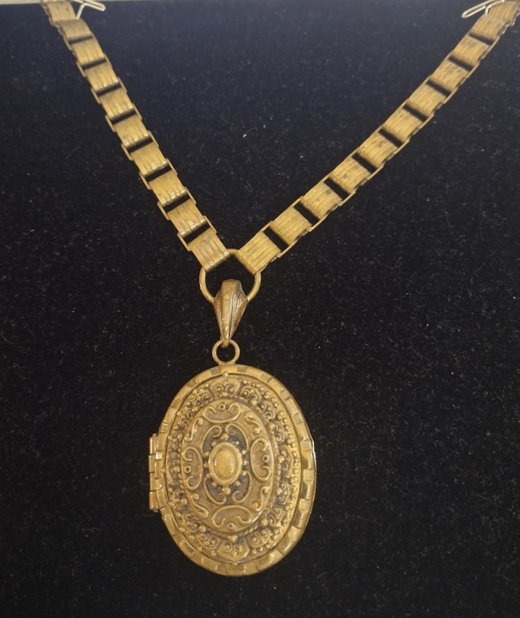 1930’s Brass Etruscan Revival Locket on Book Chain Very Ornate w/earrings