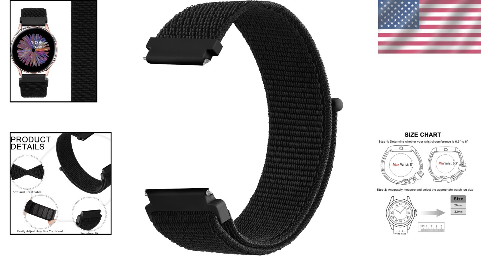 Lightweight Nylon Quick Release Watch Band, Stylish Adjustable Strap 20mm