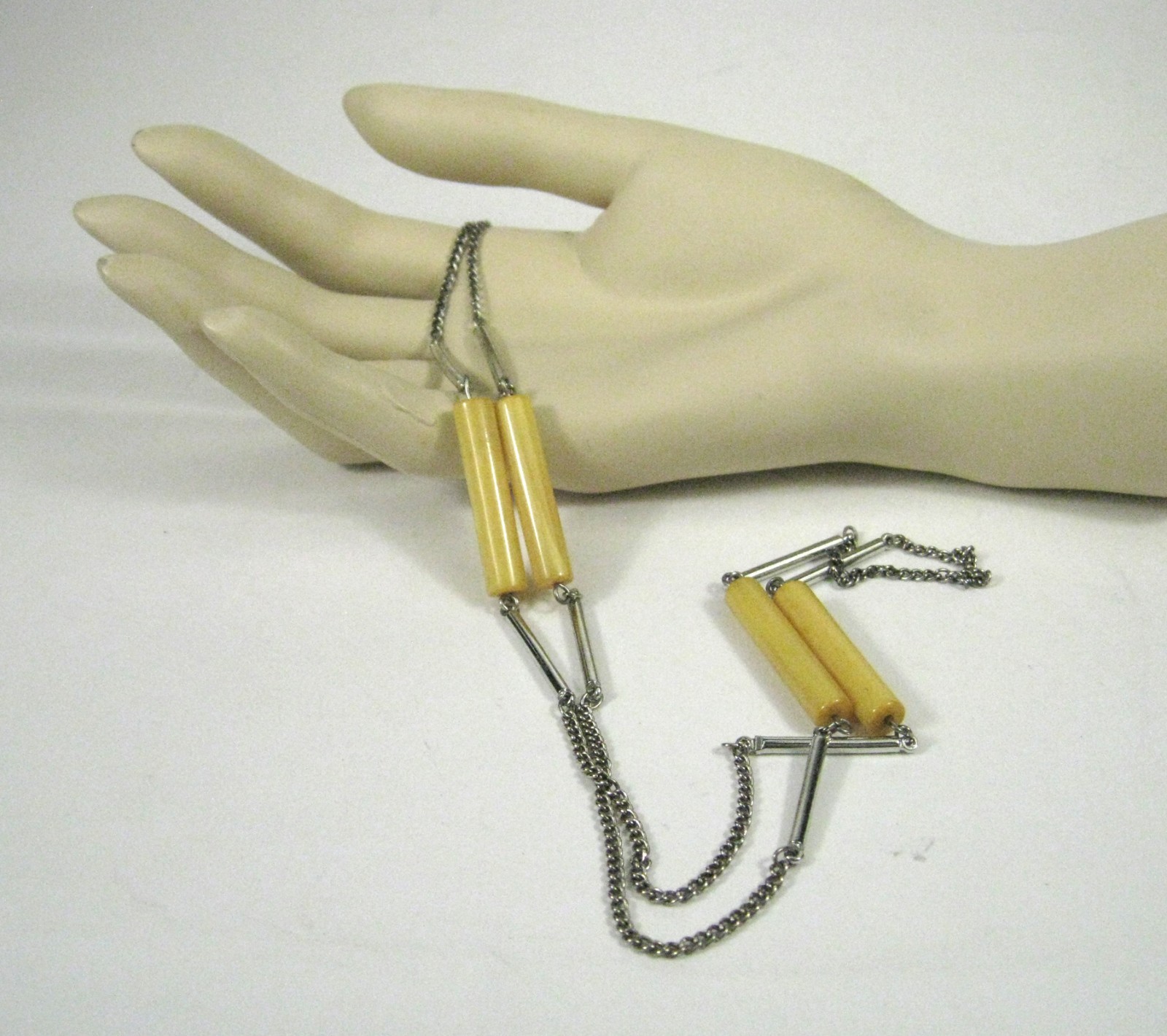Necklace Strand String Silvertone Chain Yellow Plastic Beaded 30 In Unsigned
