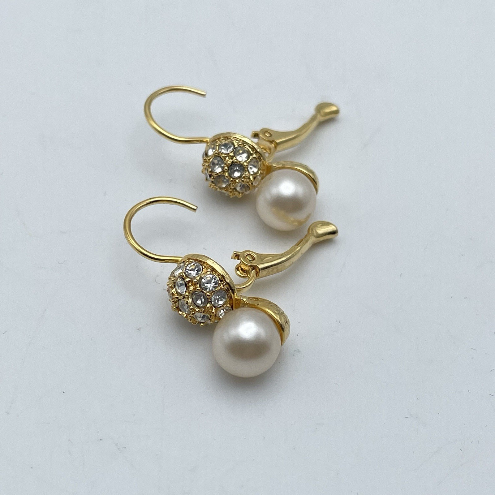 Bijoux Terne Pave Stud Faux Pearl Gold Tone Lever back Pierced Earrings NEW