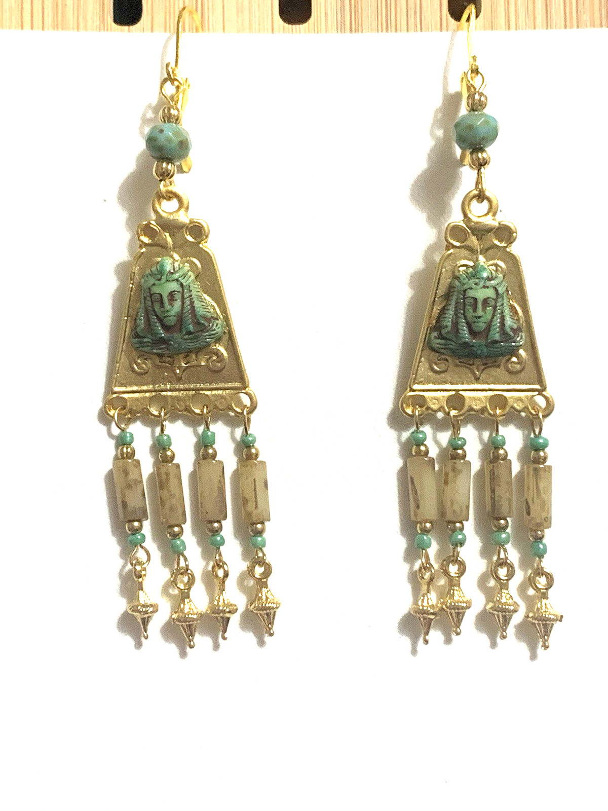 NEW ITEM*ARTISAN*EGYPT REVIVAL CZECH NEIGER GLASS PHARAOH CHANDELIER EARRINGS.g