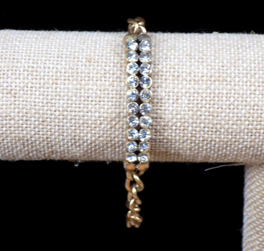 Vintage J Crew Bracelet Gold Tone Curved Bar White Colorless Rhinestones 6.5″