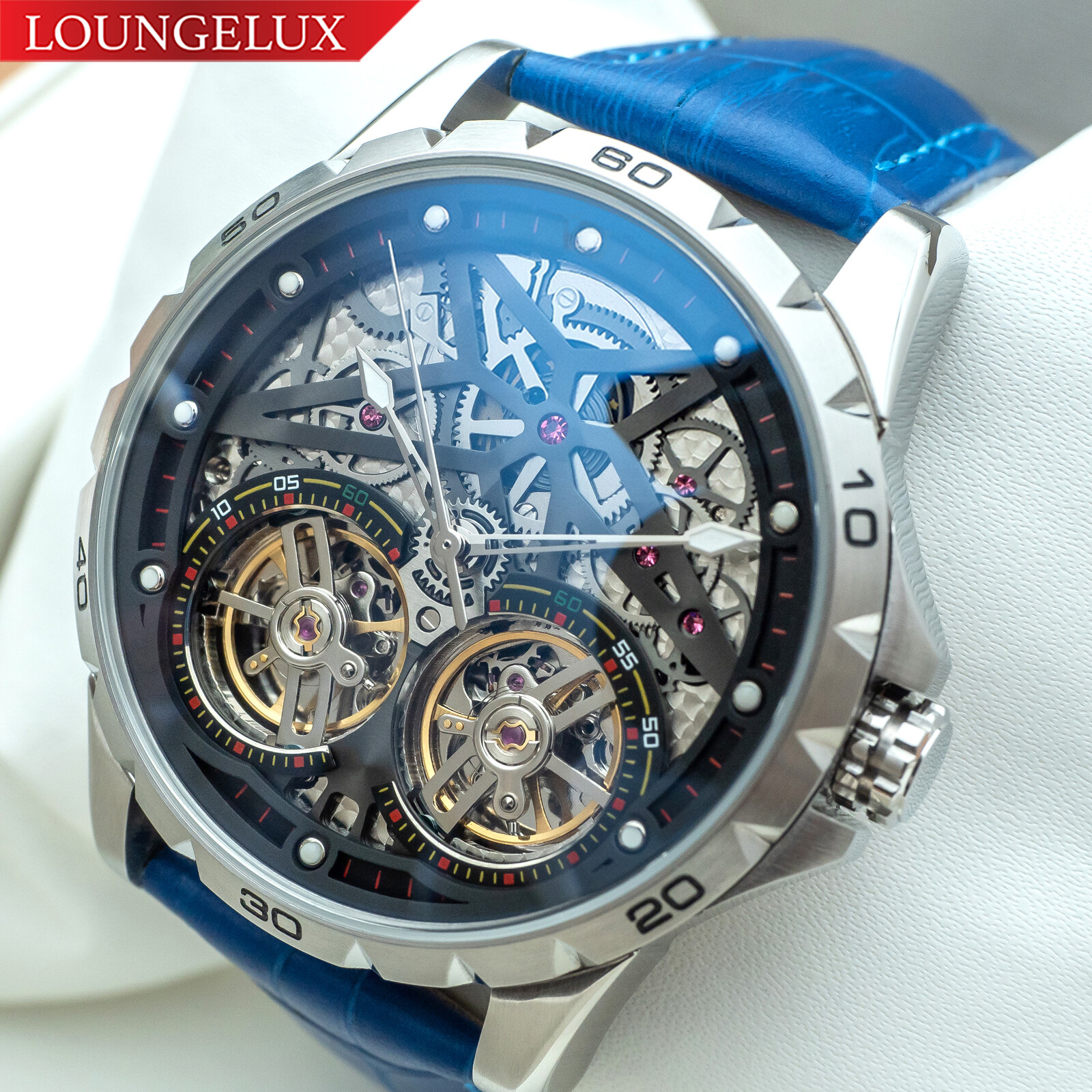 Mens Silver Double Flywheel Skeleton Automatic Mechanical Watch Blue Leather
