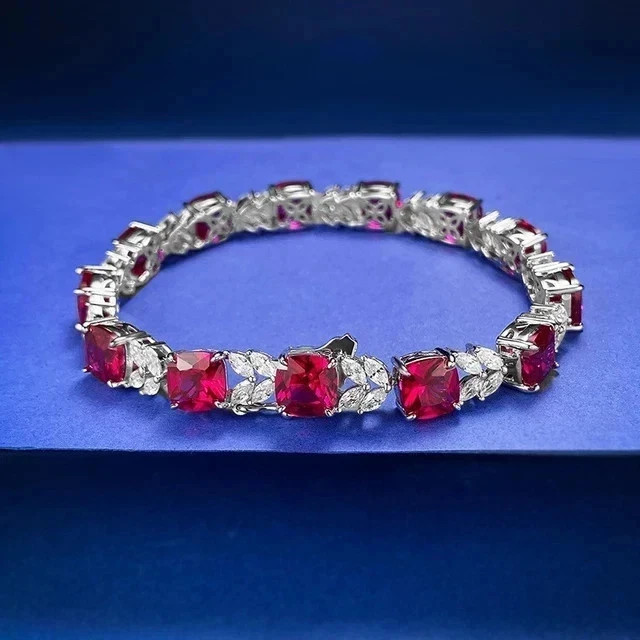 15TCW Cushion Cut Lab Created Ruby & Diamond Tennis Bracelet 925 Sterling Silver