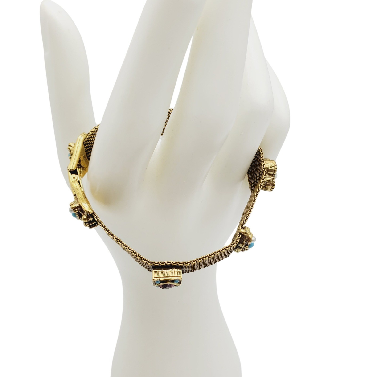 Vtg Goldette Gold Tone Victorian Revival Mesh Chain Bracelet Jeweled Blue Purple