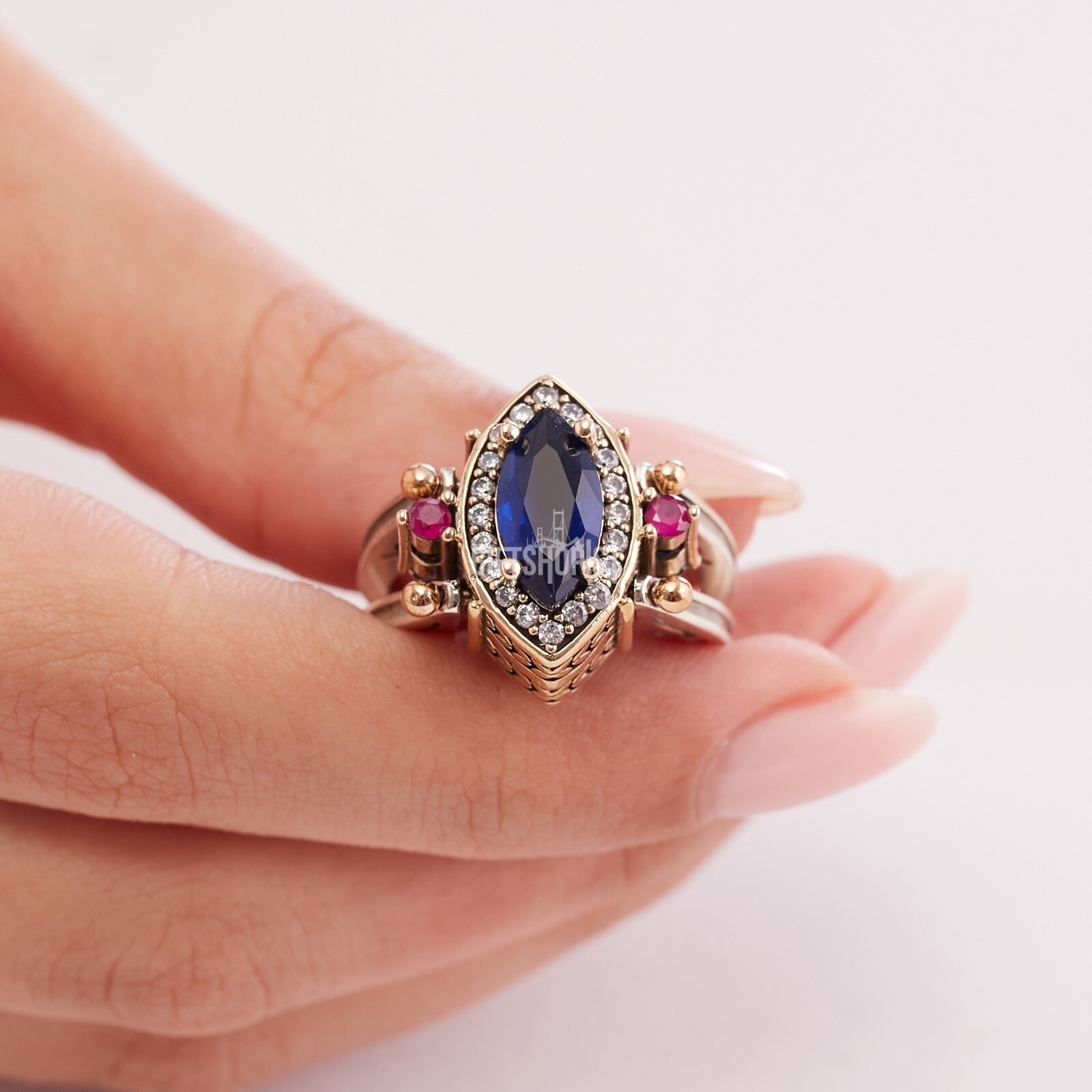 Turkish Reversible Marquise Sapphire Ruby Topaz 925 Sterling Silver Ring Size