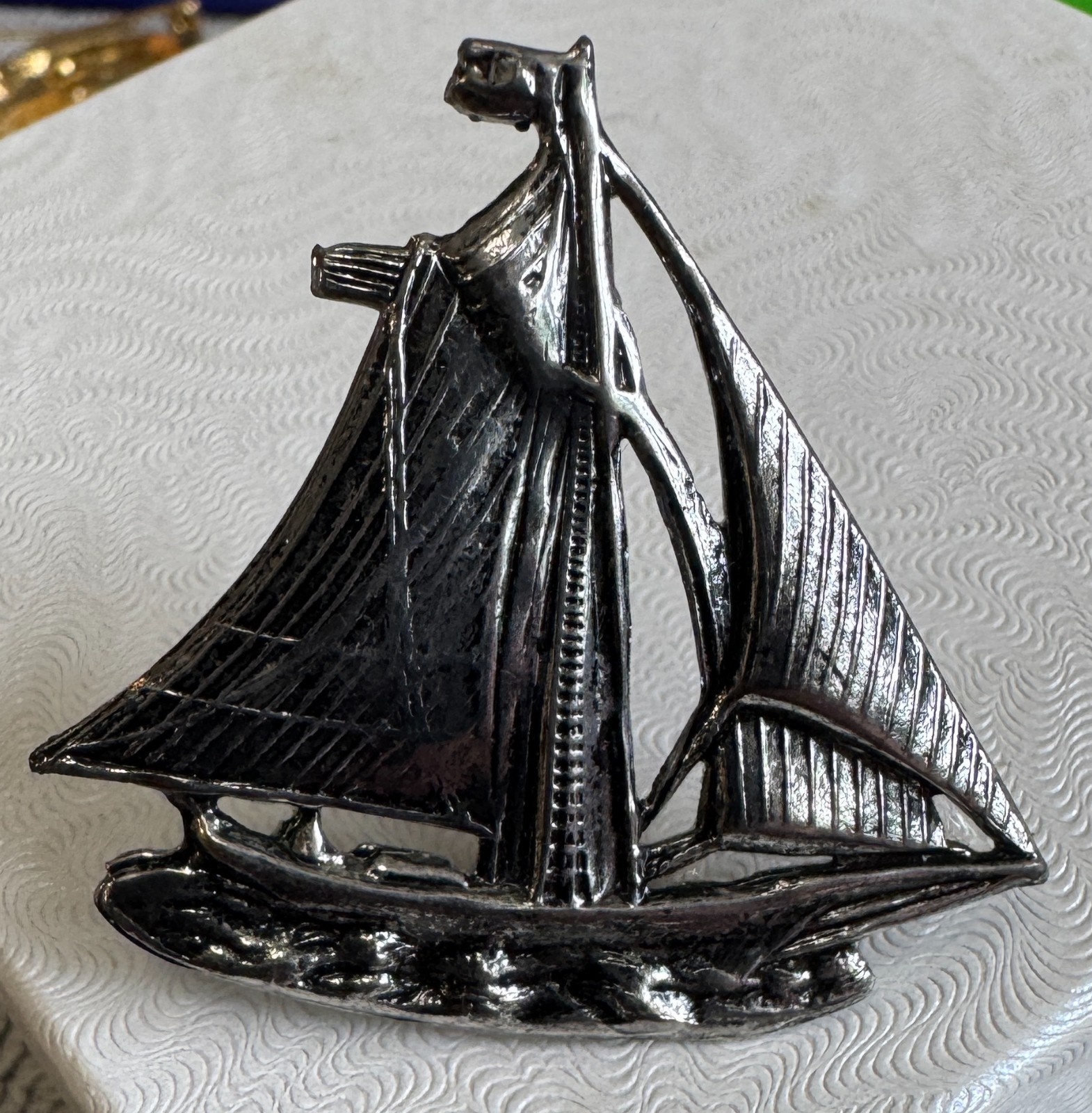 Vintage Silverplate Sailboat sailing ship w flags Brooch 1 3/4″