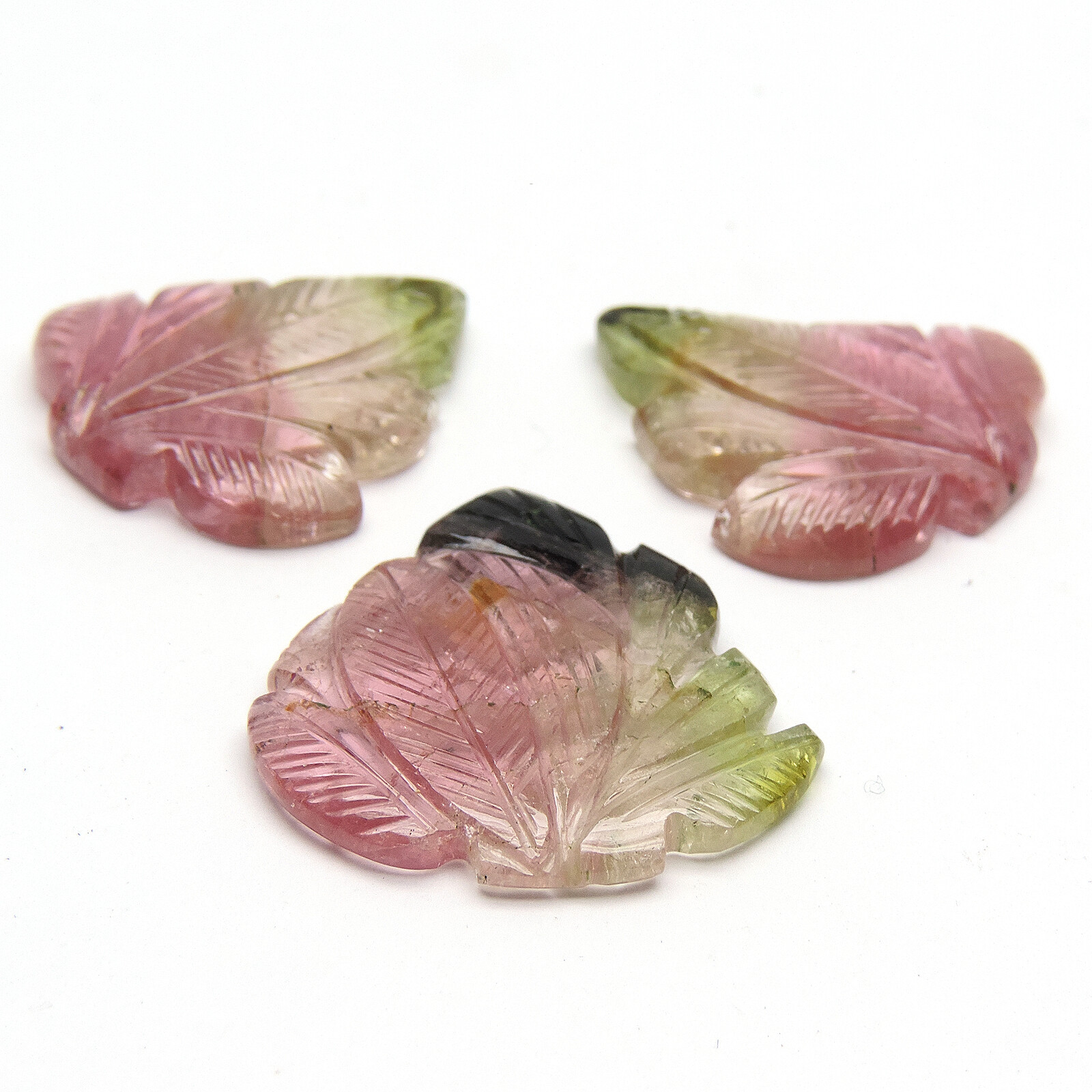 Huge Bi colour watermelon Tourmaline gemstone Leaf carving 3 pcs set,