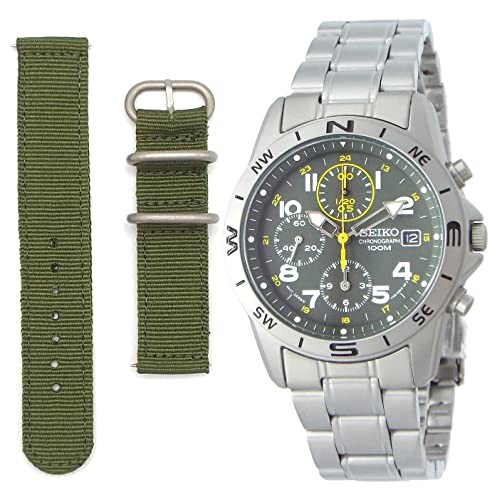 Seiko SND377P Chronograph Watch Khaki Strap Yellow Dial Military Style Men’s