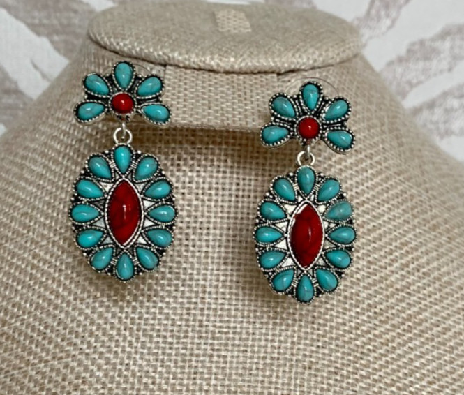 Boho Cowgirl Turquoise Red Concho Flower Dangle Earrings