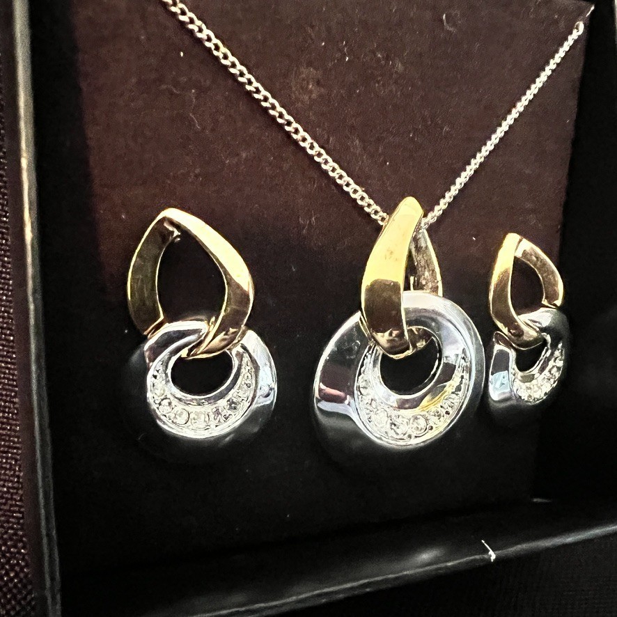 SAC Two Tone Necklace Earring Set NOS Vintage 1990s Silver Gold Tone Crystal