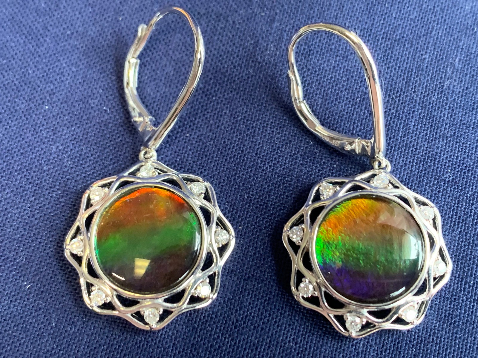 14K White Gold Iridescent Ammolite Earrings 9.54g Jewelry Clear Stones *READ*