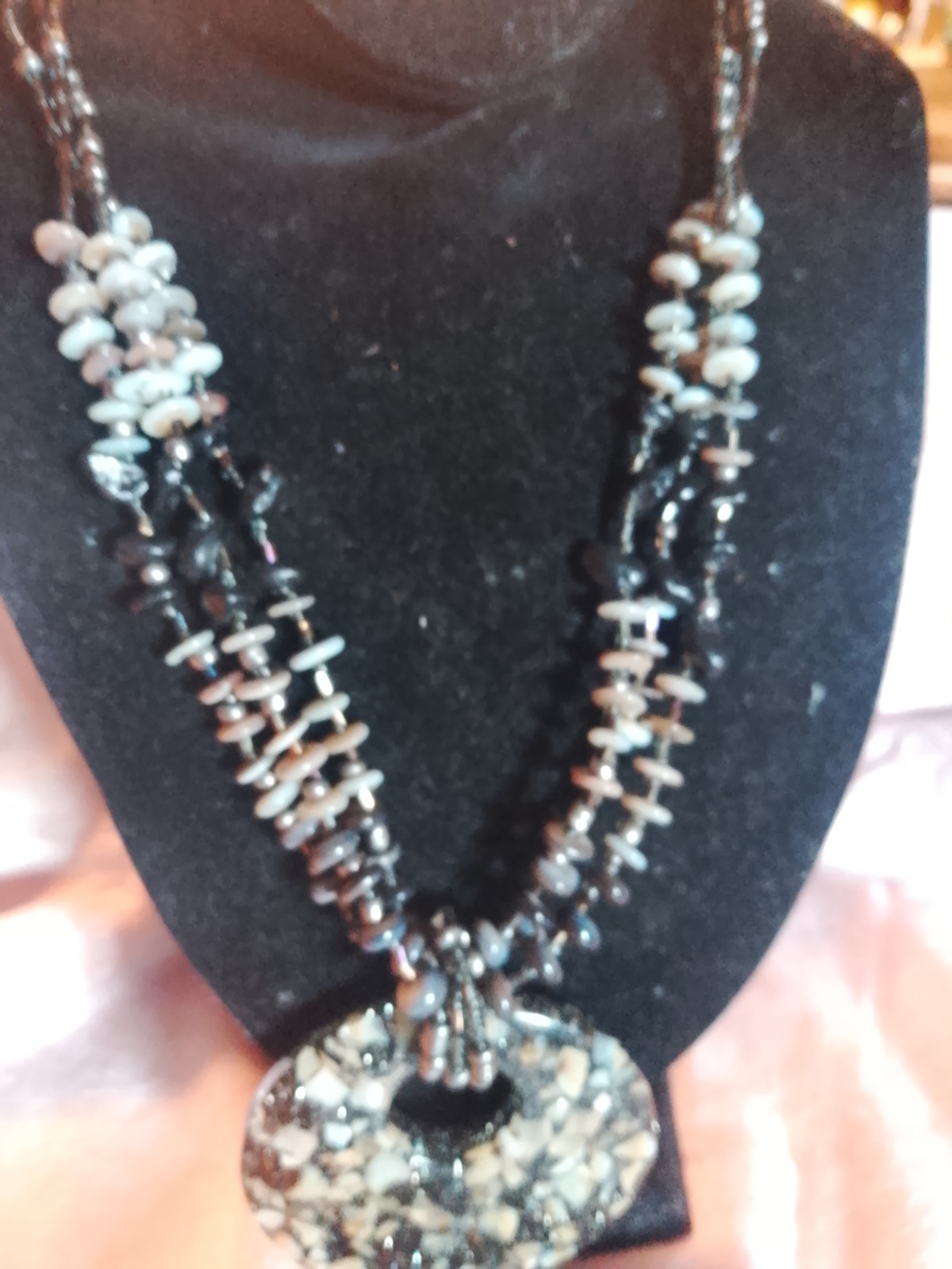 Black Gray White Beaded Ball Chain Necklace Round Donut Amulet Pendant