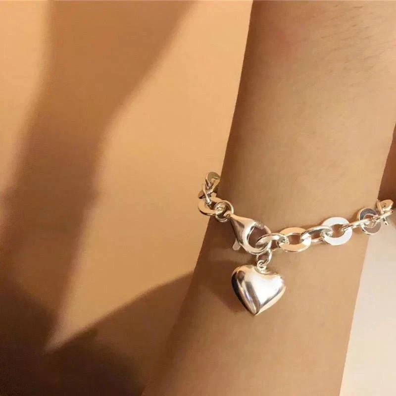 925 Sterling Silver Vintage heart Pendant Bracelet Simple Retro Men Women Gift