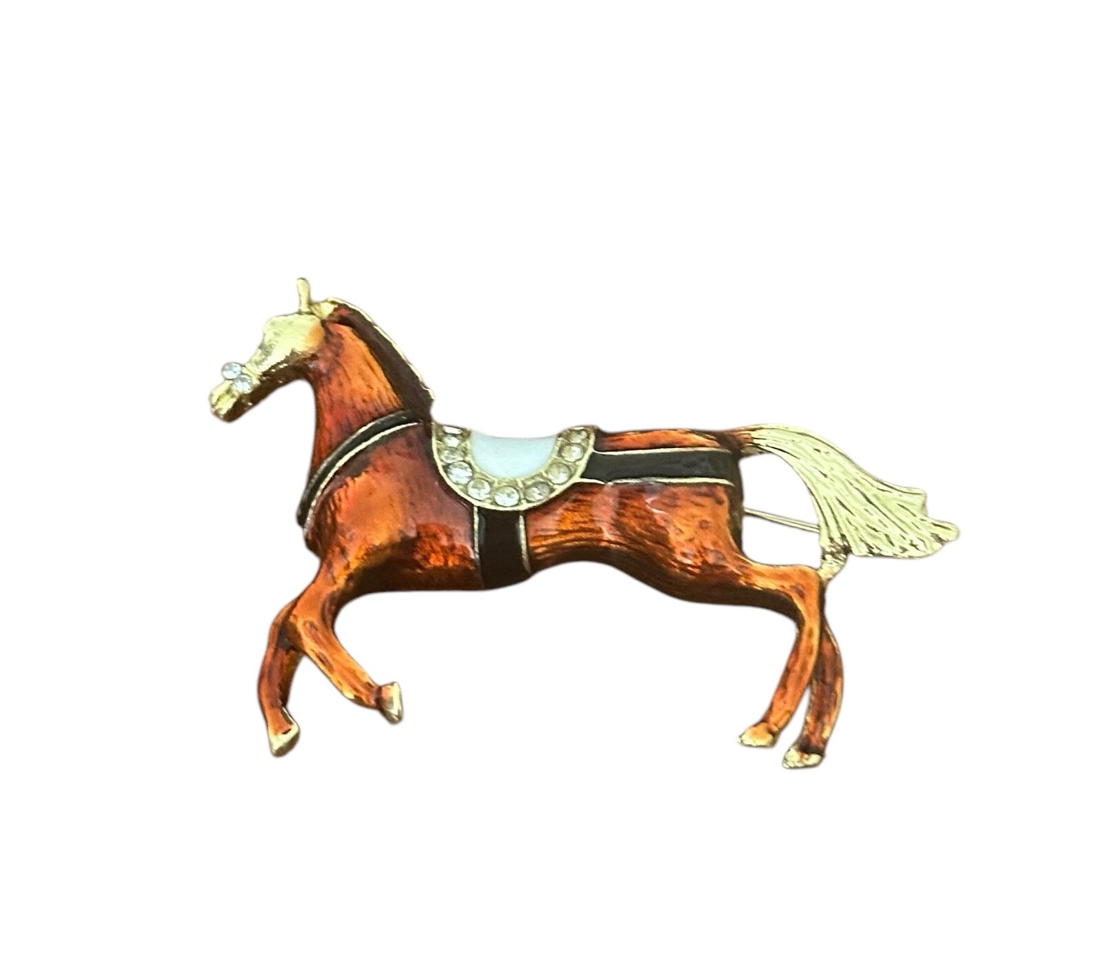 Pin/Brooch- HORSE with saddle- brown gold white- rhinestones