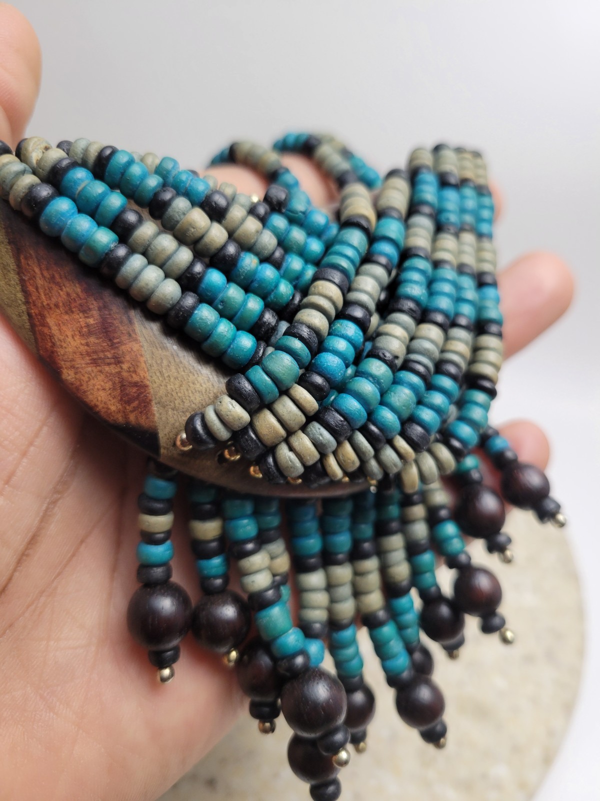 Vintage Tribal Multi Strand Wood Bead Fringe Bib Necklace Turquoise Black Boho