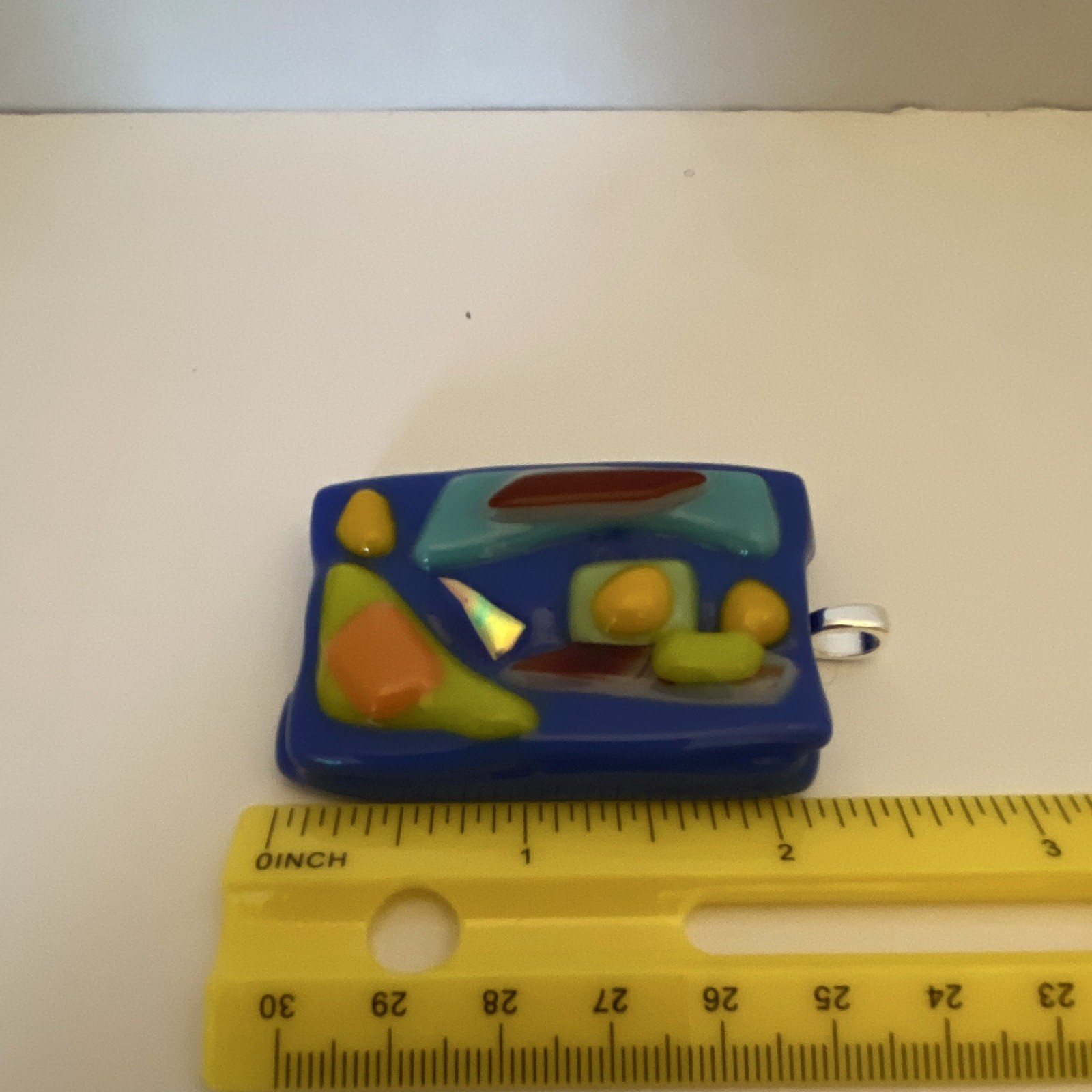 Fused Glass Silver Tone Bail Rectangle Multicolor Glass Charm Pendant Art Design
