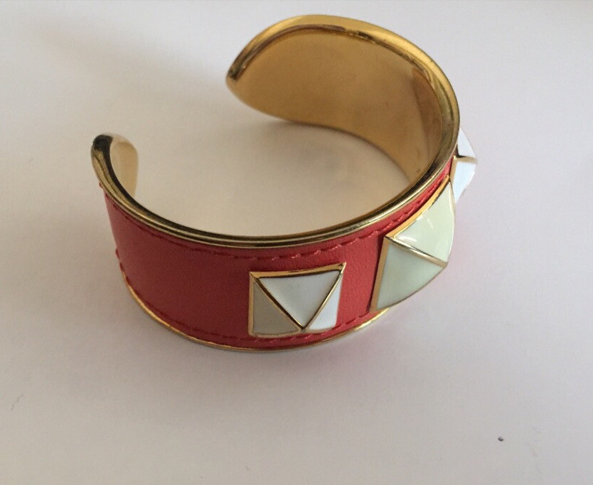 REBECCA MINKOFF ORANGE LEATHER/ENAMEL STUD CUFF GOLD BRACELET