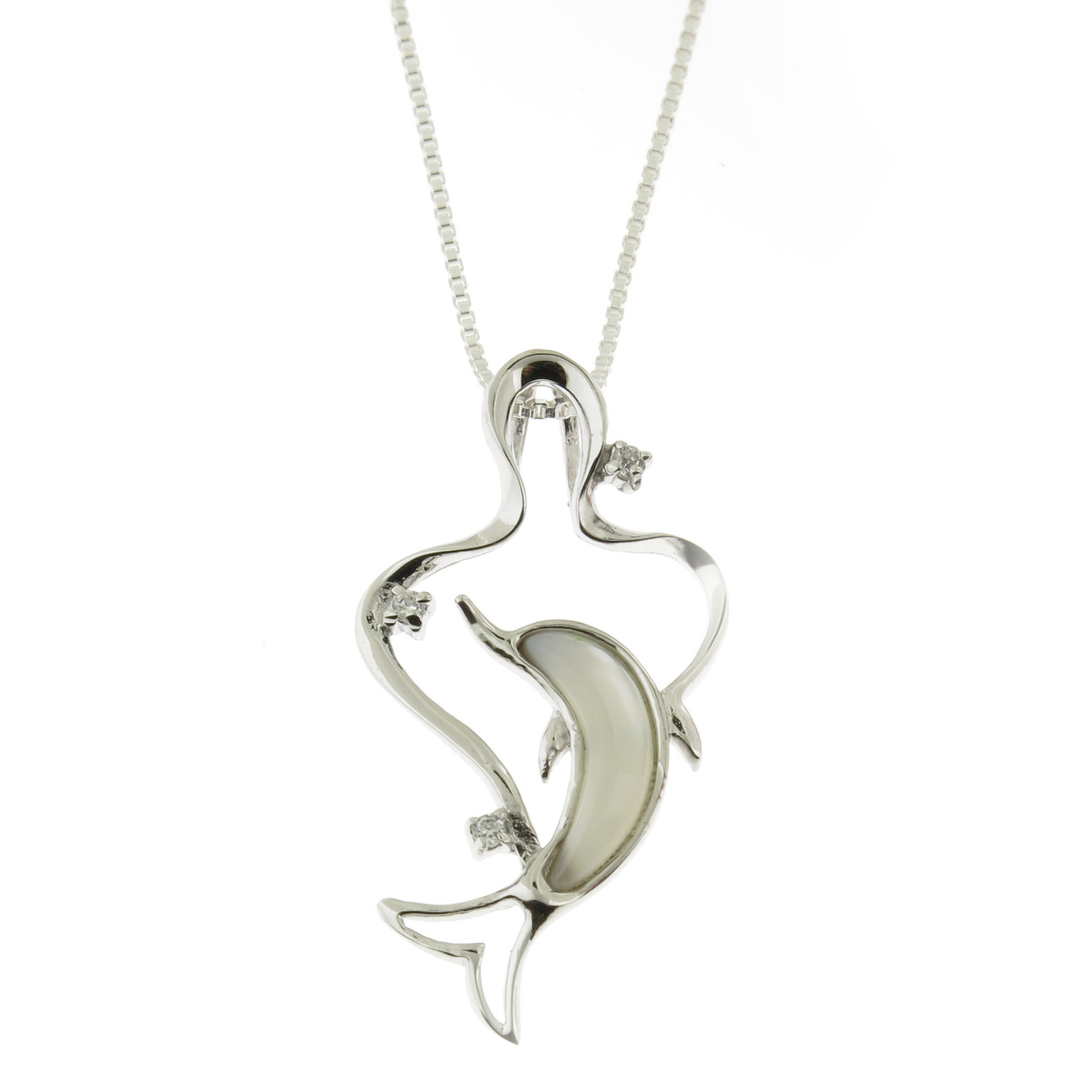 925 Sterling Silver Mother of Pearl Splashing Dolphin Pendant or Necklace