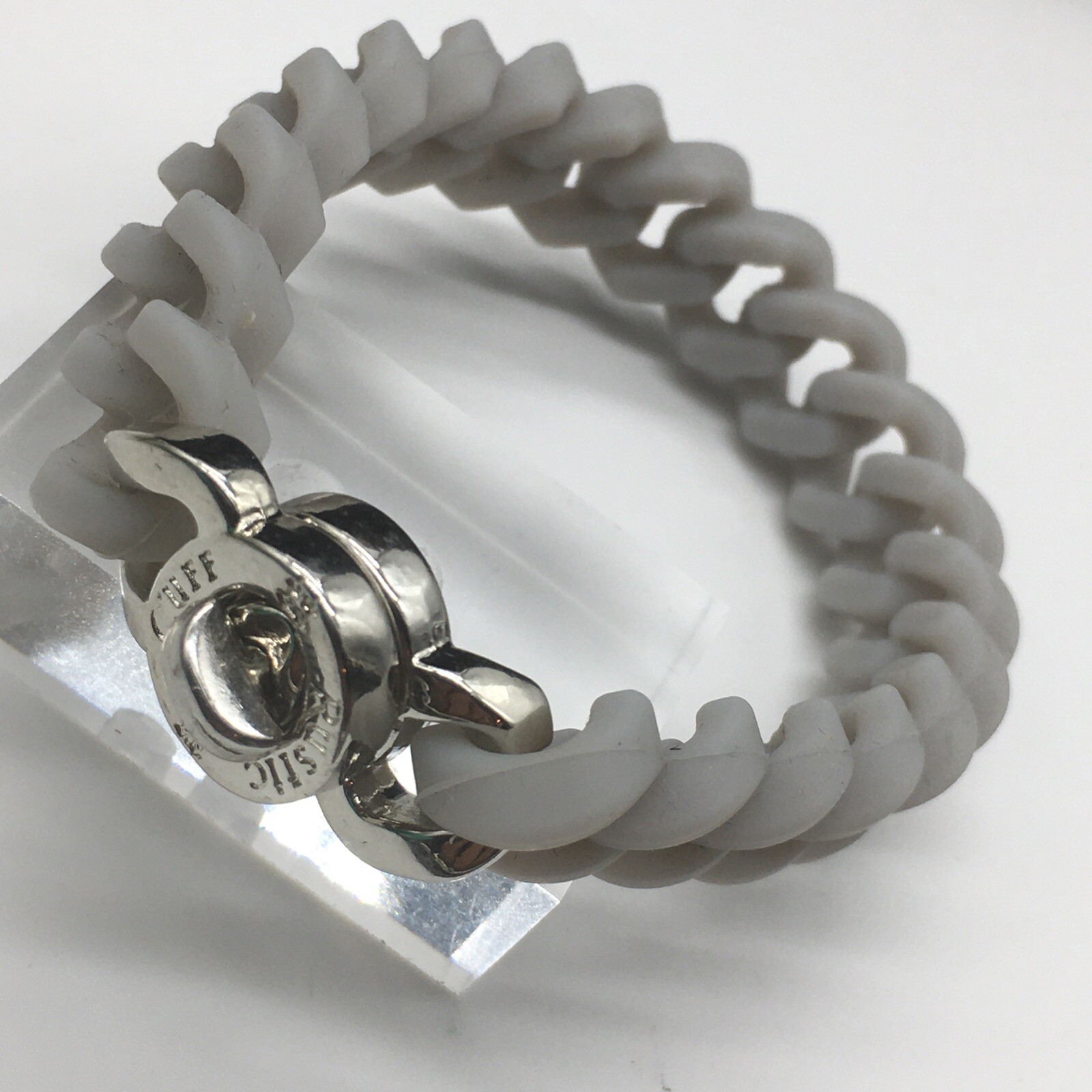 Rustic Cuff Gray Silver Tone Logo Turn Lock Silicone Stretch Chain Bracelet