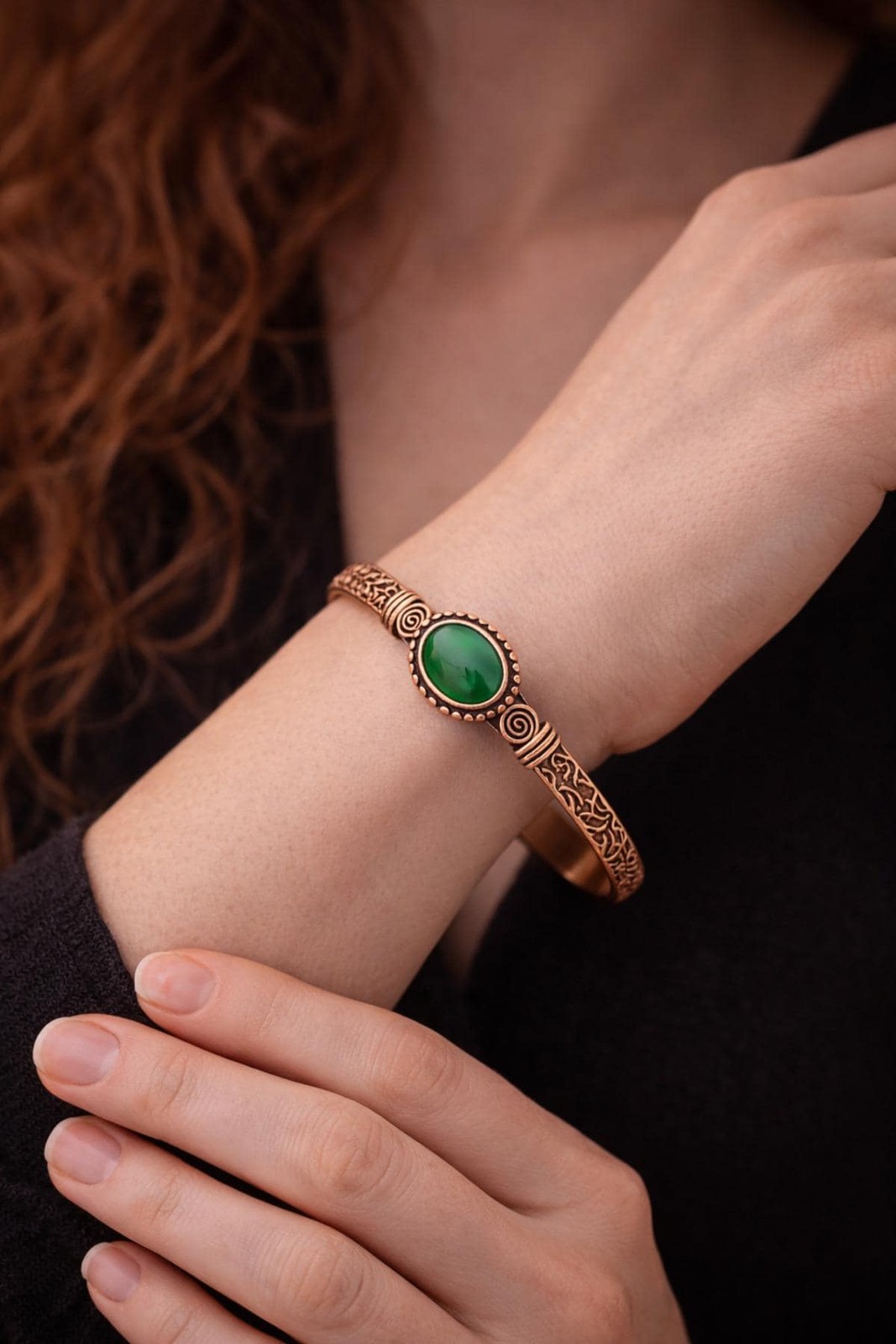 Women’s Copper Bracelet Natural Green Agate Cylinder Model Pure Copper Bangle