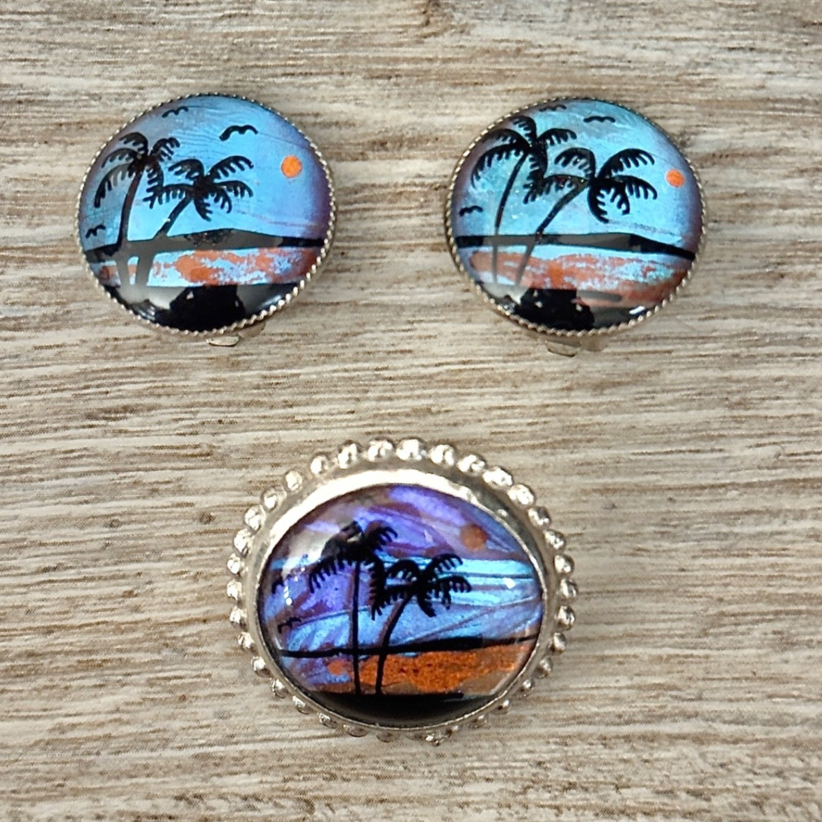 Vintage Morpho Butterfly Wing Tropical Beach Scene Clip On Earrings & Brooch