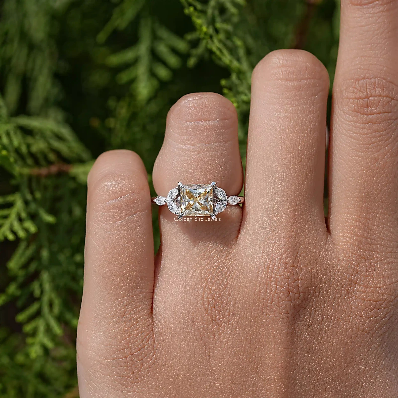 Yellow Princess Lab Diamond Leaf Accent Ring