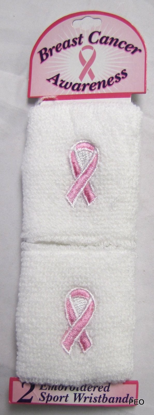 BCA Breast Cancer Awareness White Sweatbands Wristbands Ribbon of Hope 2 Pack