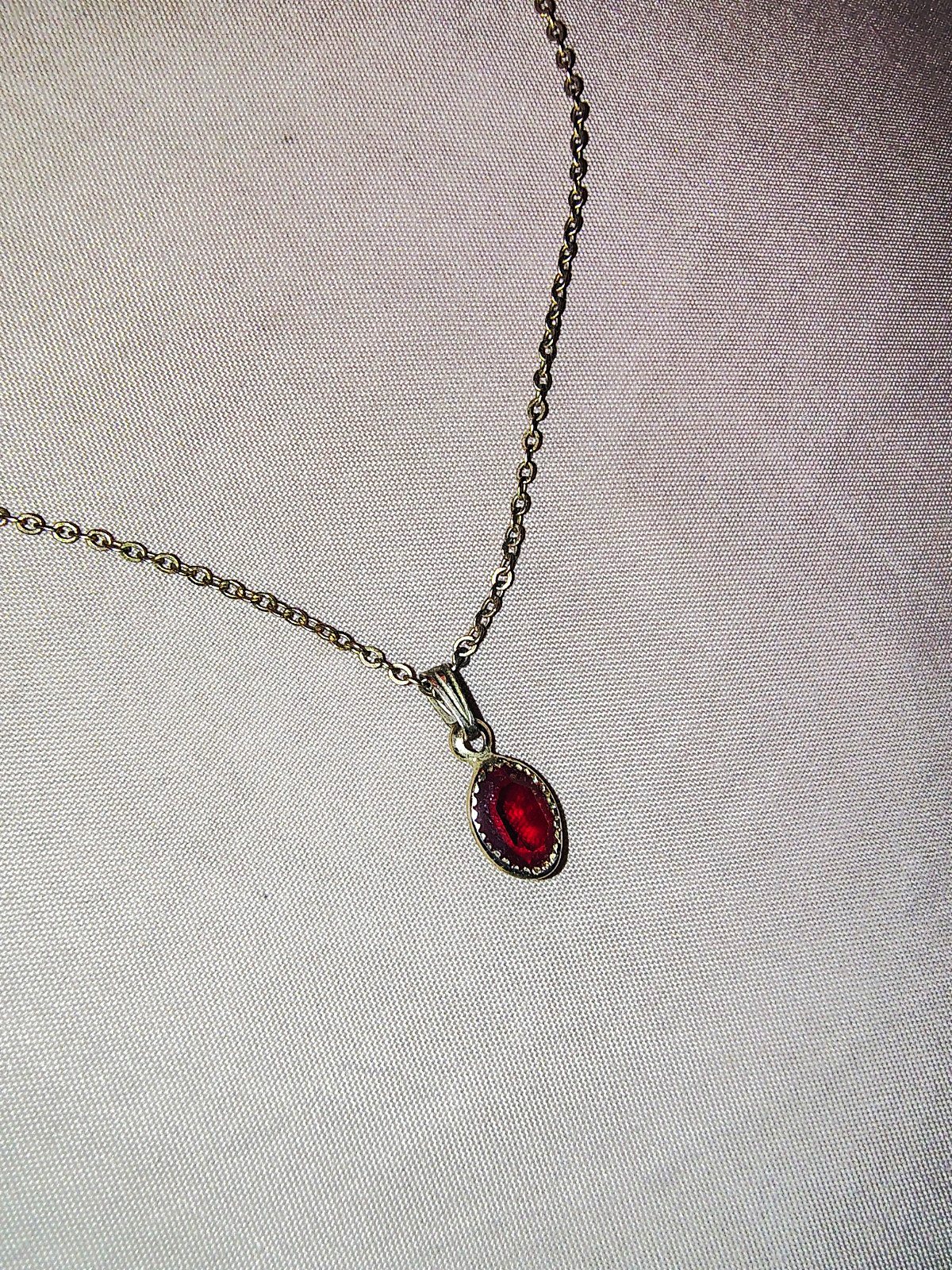 Gold Plated Cable Chain Necklace Red Oval Crystal Bezel Charm Pendant