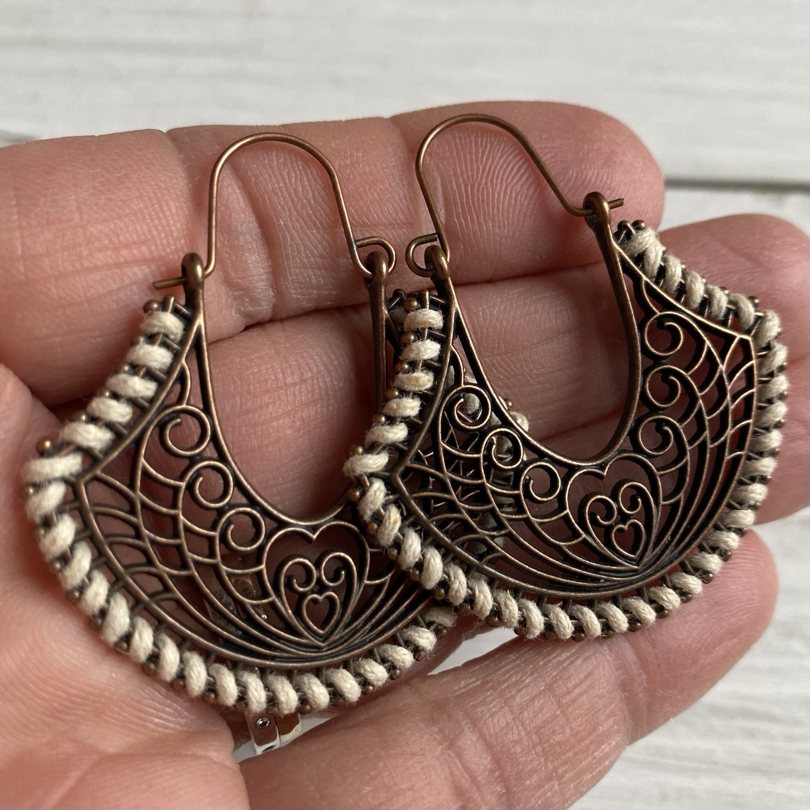 Cream Hemp Edged Filigree Pendant Antique Copper Artisan Boho Earrings