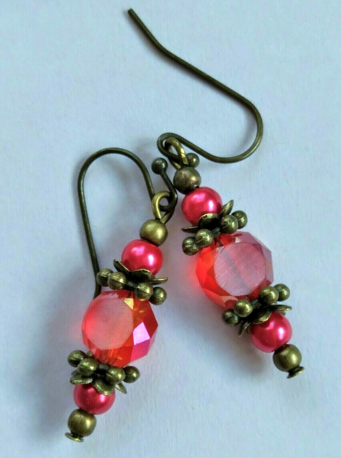 RED Frosted CRYSTAL strawberry GLASS PEARL earring BRONZE French hook XX