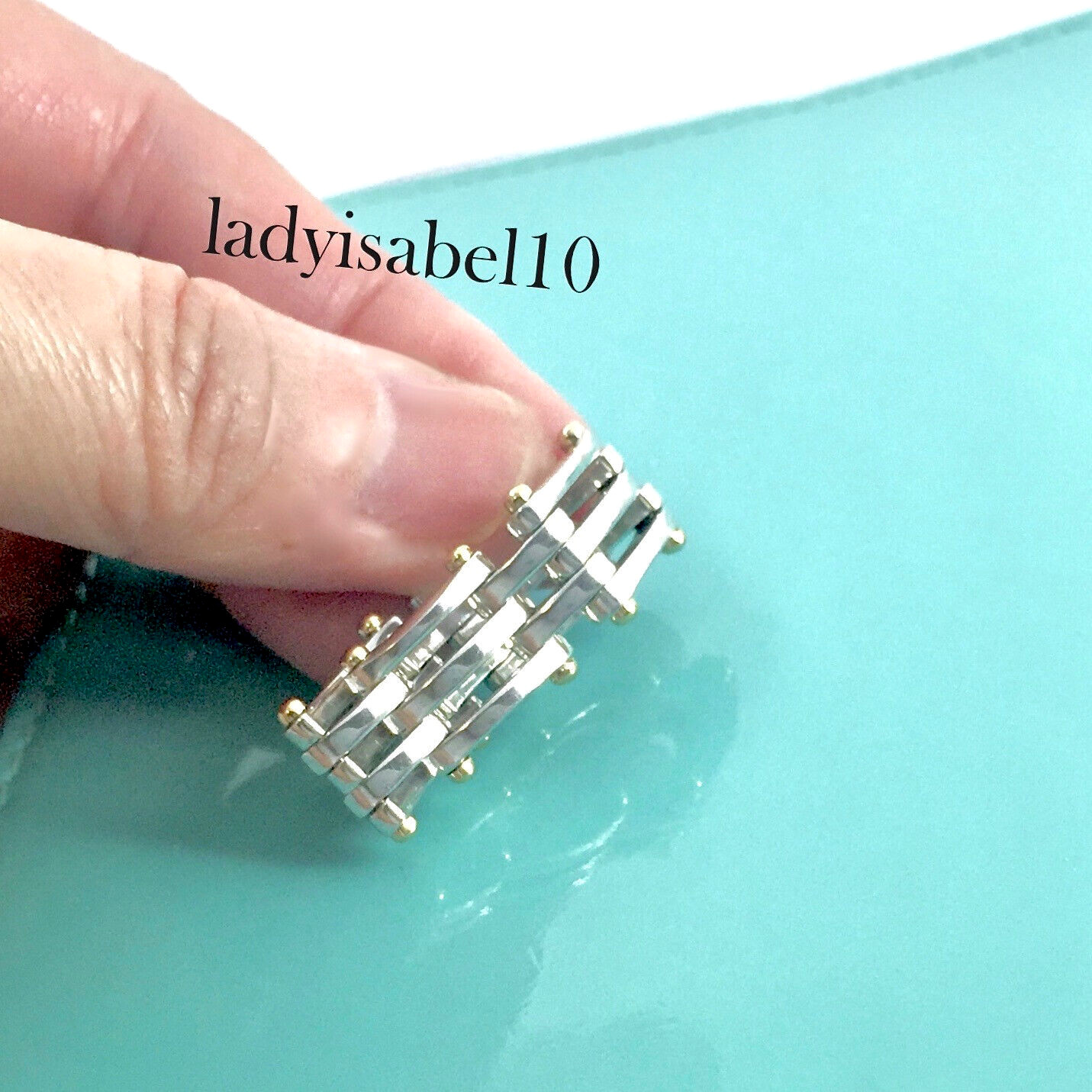 Sz 7.5 Tiffany & Co Gate Link 18k Gold 925 Silver Ring 12mm w/ Pouch – Authentic