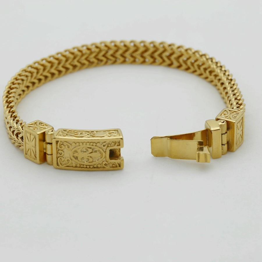 Men’s 8.5″ Stainless Steel 12mm Franco Chain Buckle Bracelet Gold plated +Box