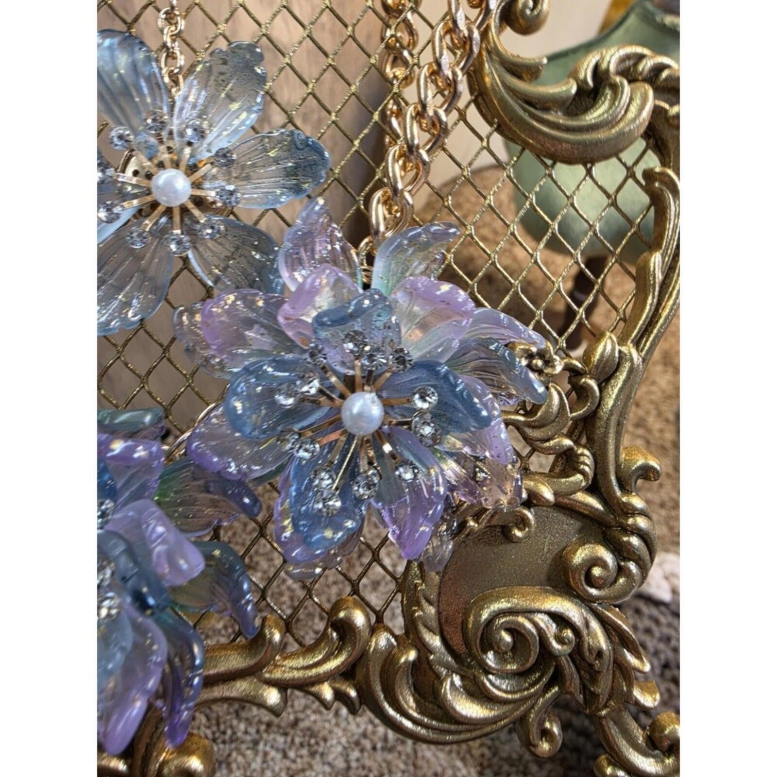Purple and Blue 14k Gold-Plated Floral Statement Necklace and Earrings Set