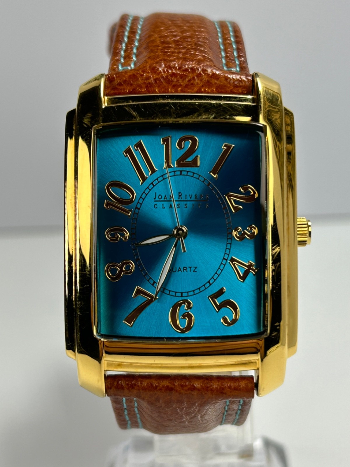Vintage Joan Rivers Classics V377 Womens 34MM Tank Quartz Gold Tone W/Blue Dial