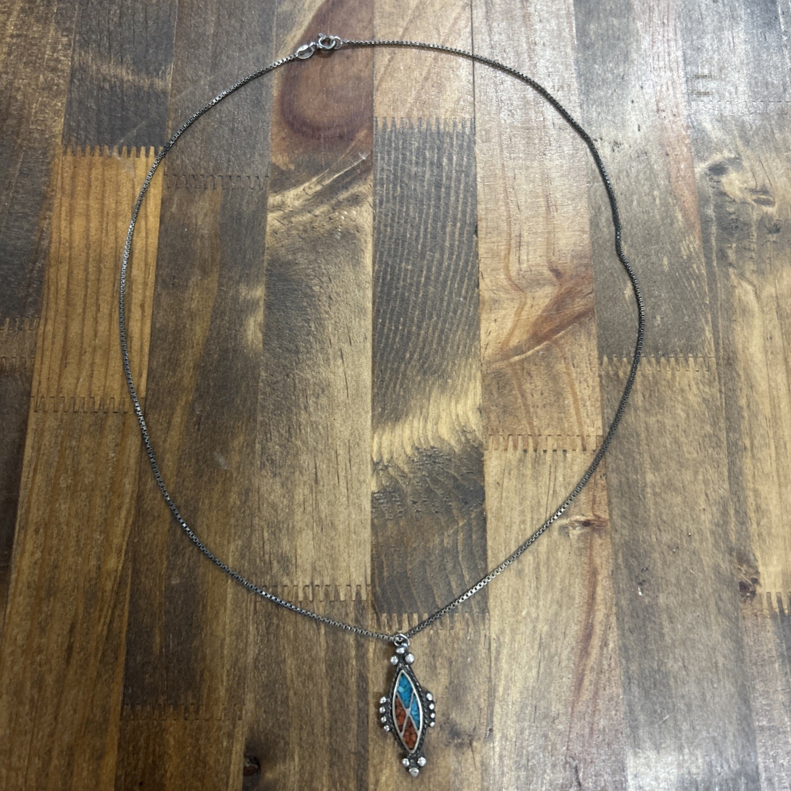 19” 925 Silver Box Chain Native American Turquoise/ Coral Inlay Pendant 7.83 G