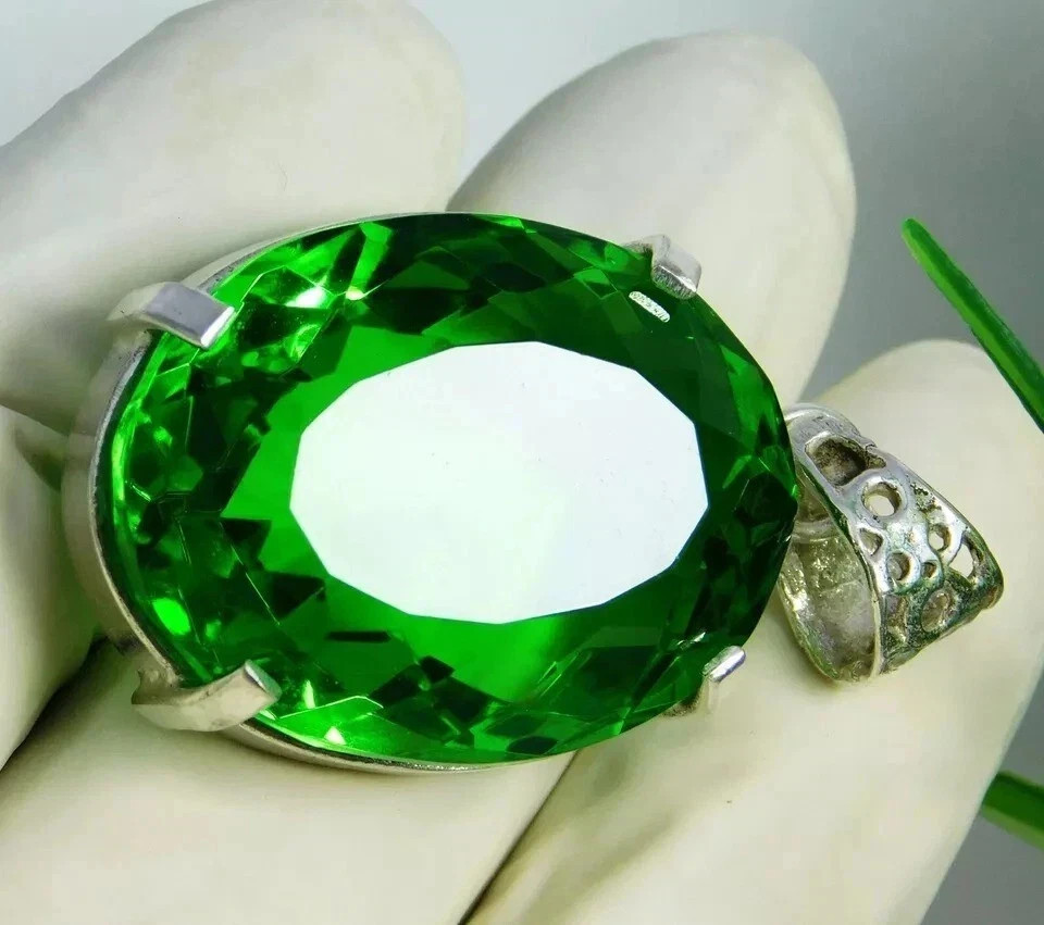 67 Ct Green Topaz Oval Cut Sterling Silver Certified Gemstone Pendant Jewelry